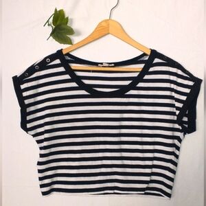 Retro Cap Sleeve Black and White Striped Crop Women's Top Blouse Medium